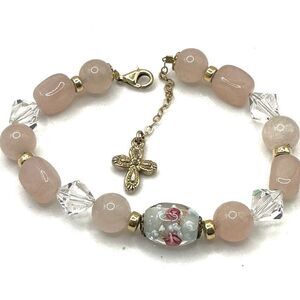 Rose Quartz crystal cross charm bracelet
